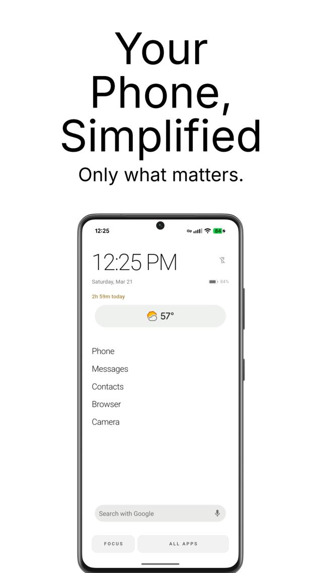 Swale home screen showing clock, weather, and essential apps