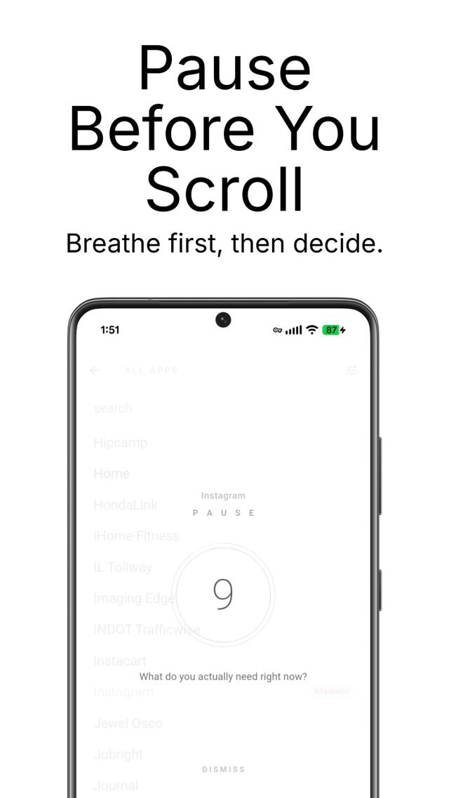 Mindful delay dialog with breathing countdown before opening Instagram