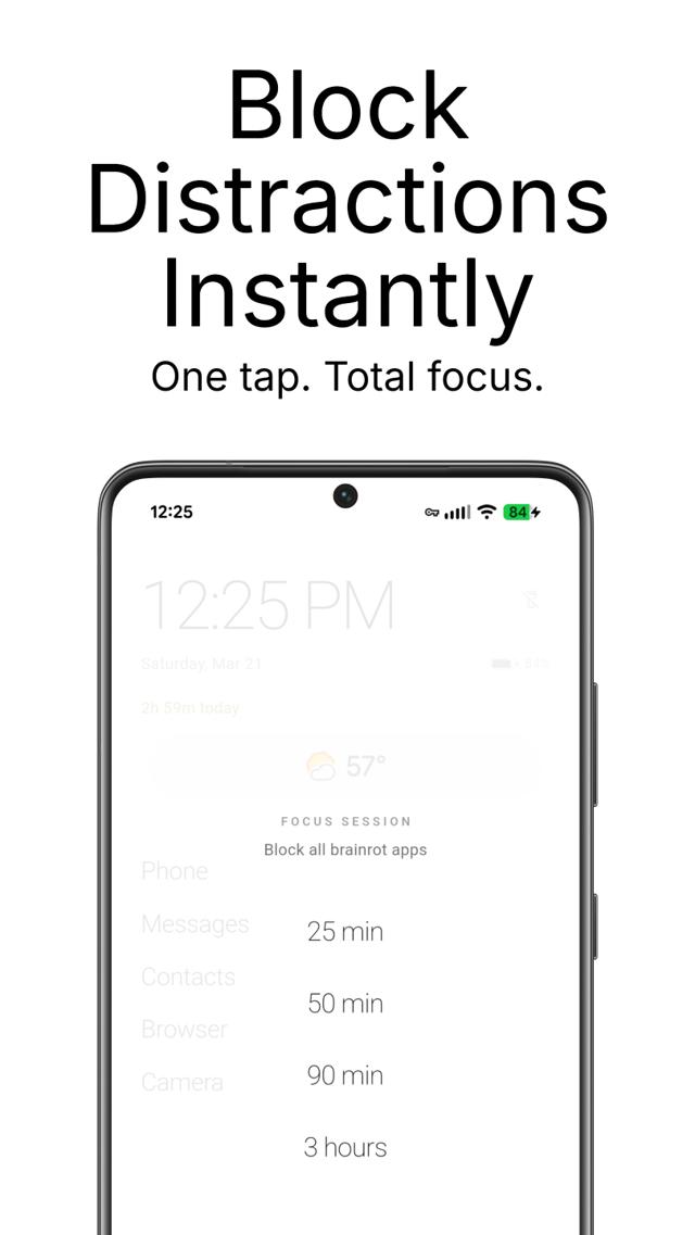 Focus session picker with 25min, 50min, 90min, and 3 hour options