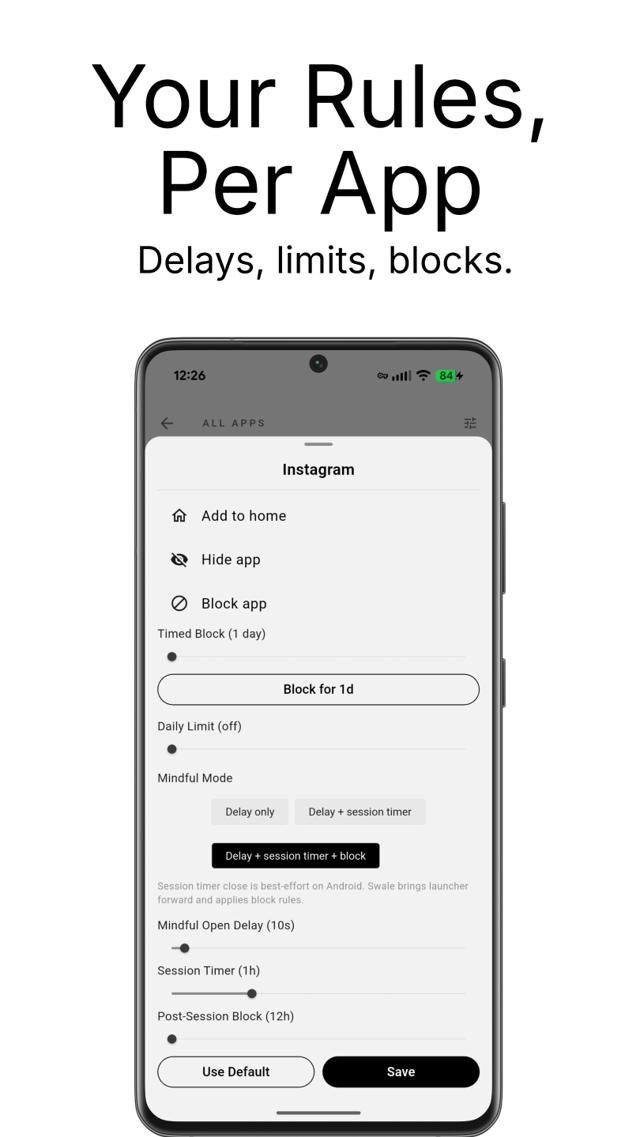 Per-app configuration showing delay, session timer, and block controls for Instagram