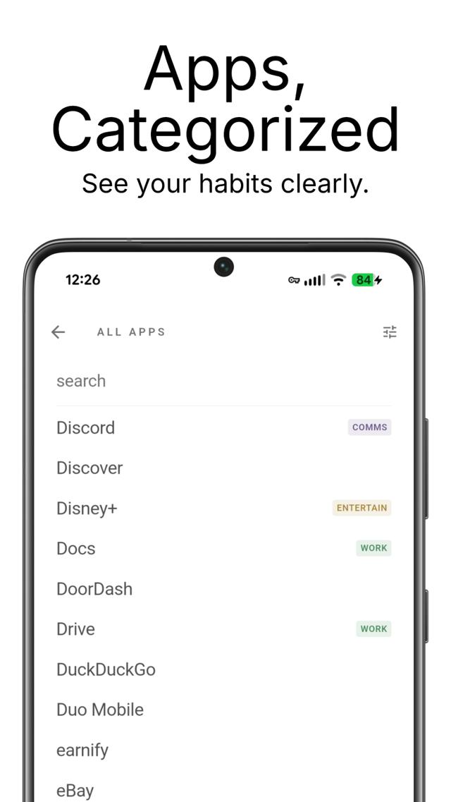 All apps drawer with category labels like WORK, COMMS, ENTERTAIN