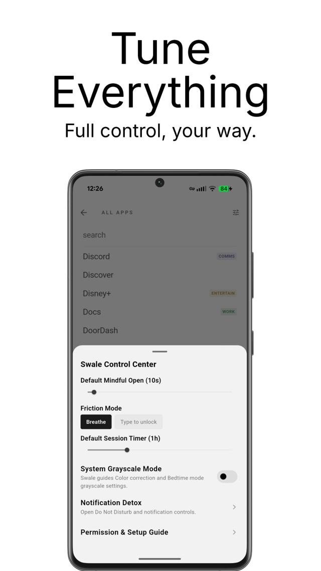 Swale control center with delay sliders, friction mode, and grayscale toggle